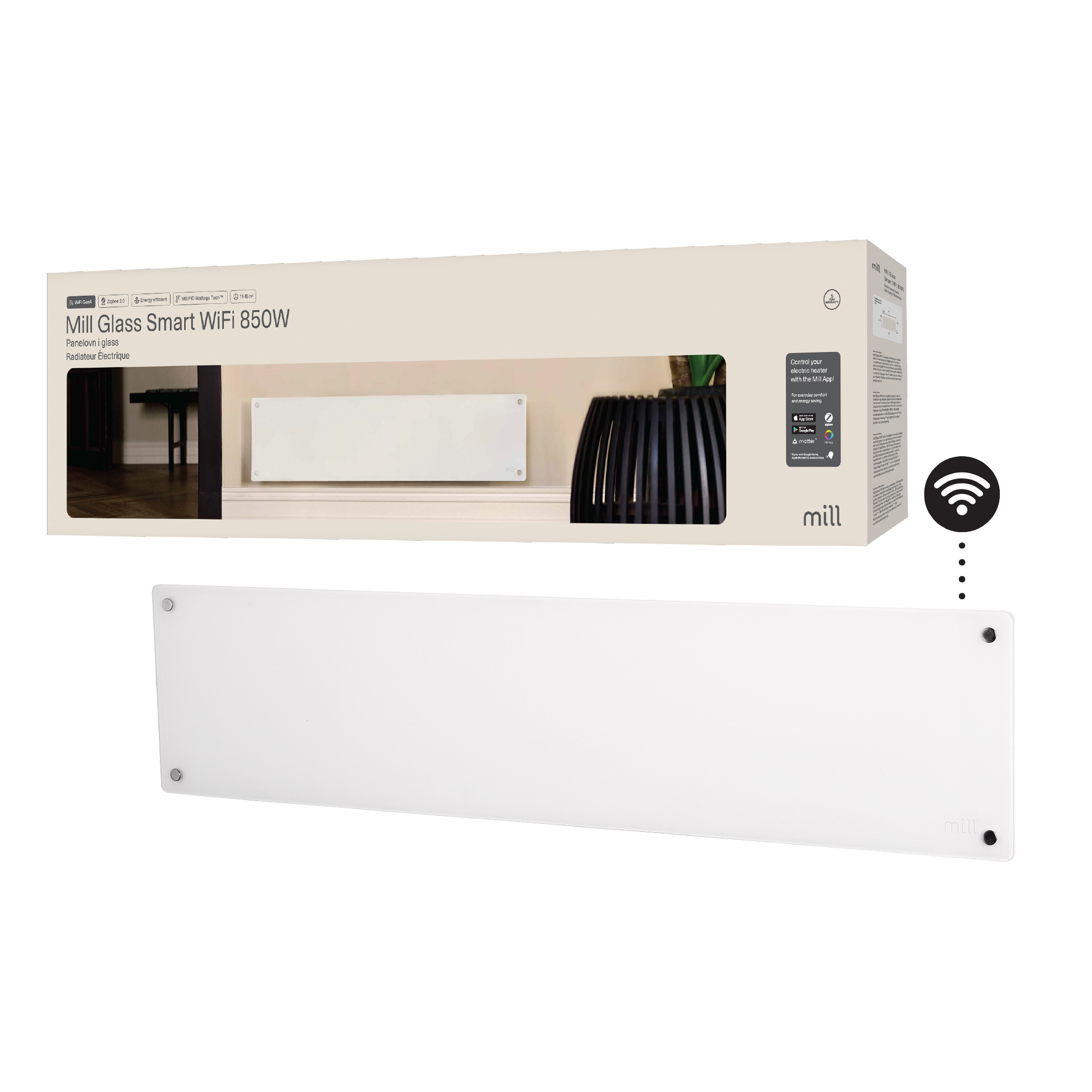 PANELLIST GLASS WIFI GEN4 850W HVIT