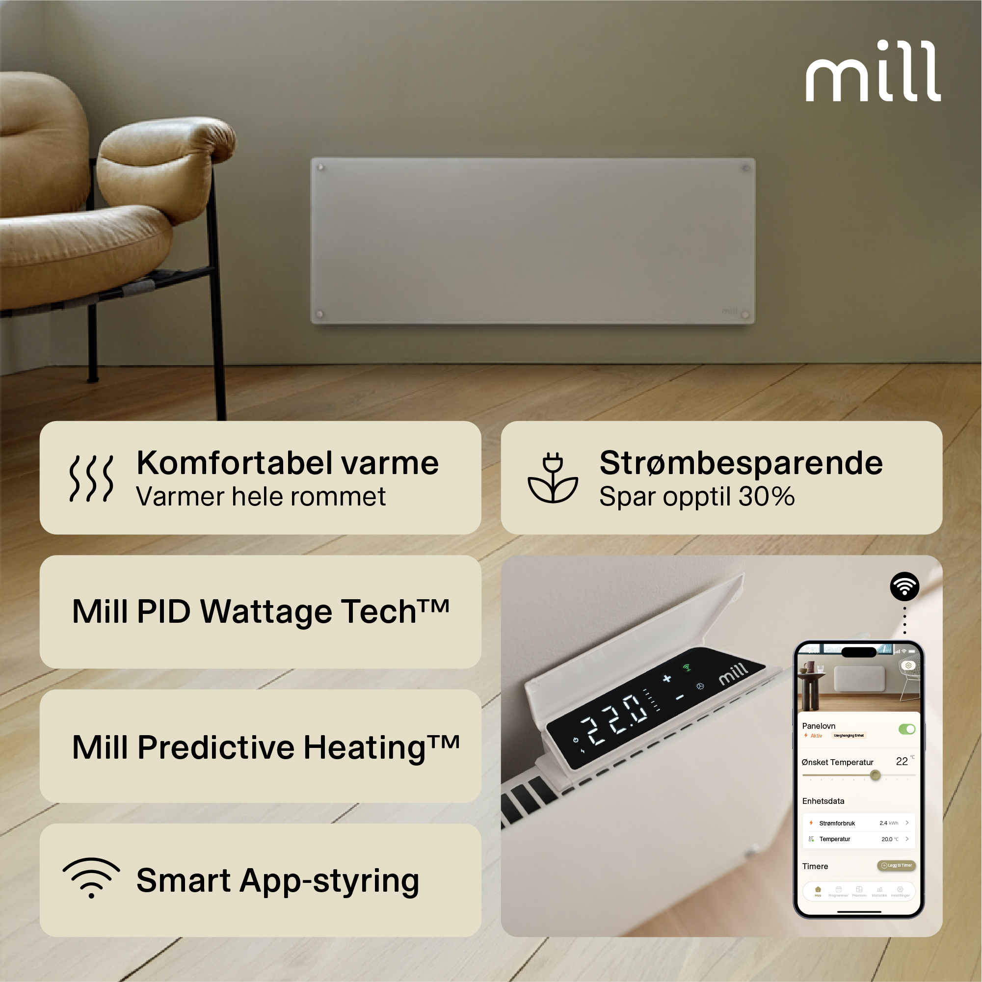 PANELOVN GLASS WIFI GEN4 1300W HVIT
