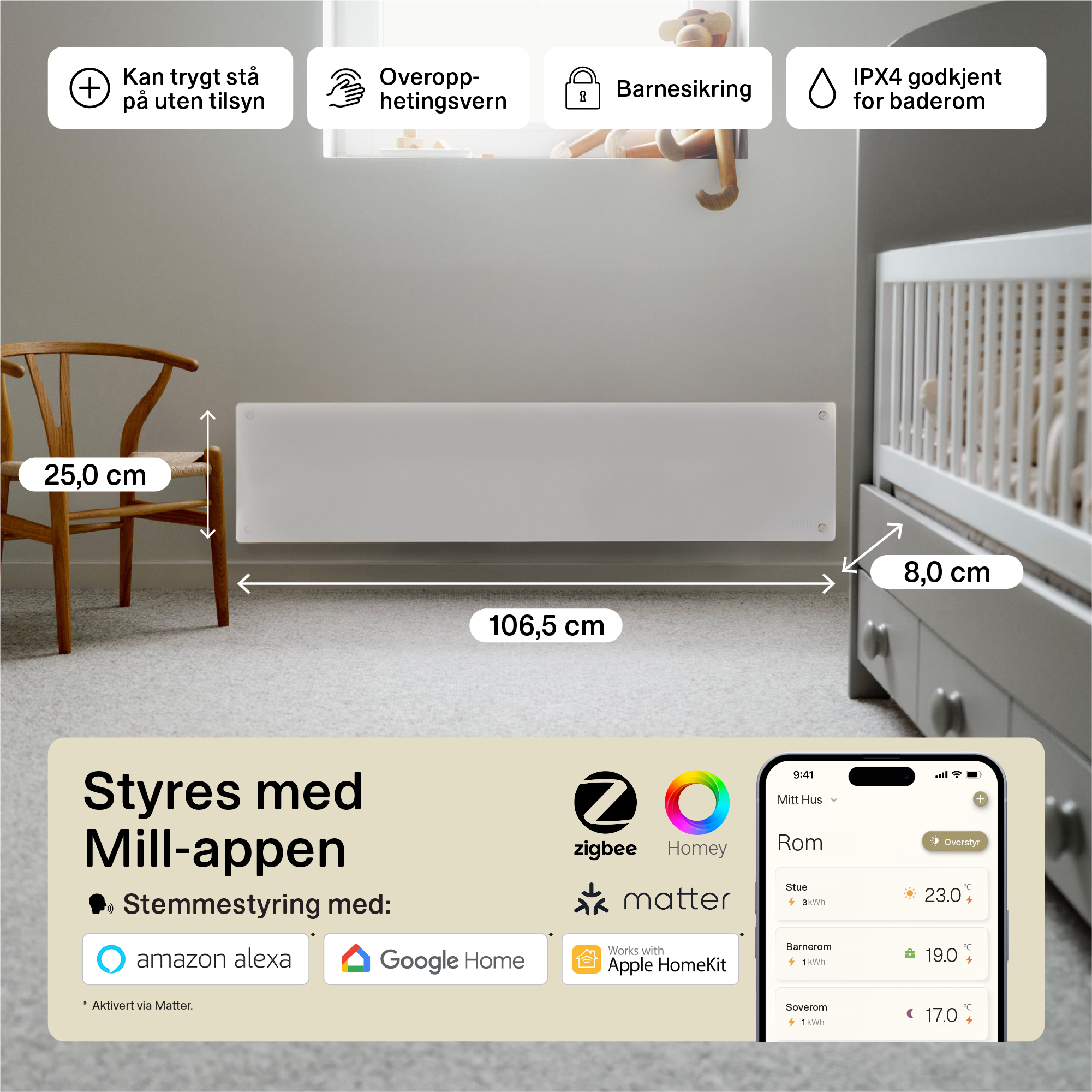 PANELLIST GLASS WIFI GEN4 850W HVIT
