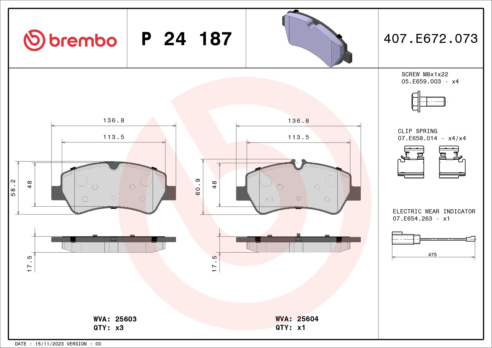 Brembo P 24 187 rear brake pad set, dimension drawing
