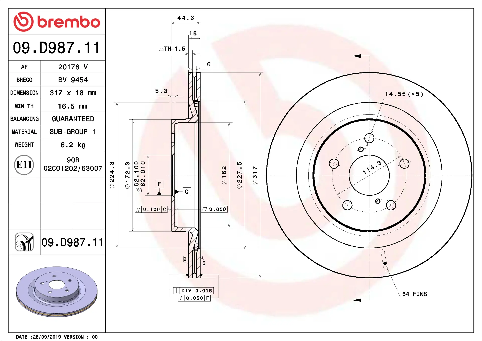 Brembo 09.D987.11 317 mm vented rear brake disc, dimension drawing