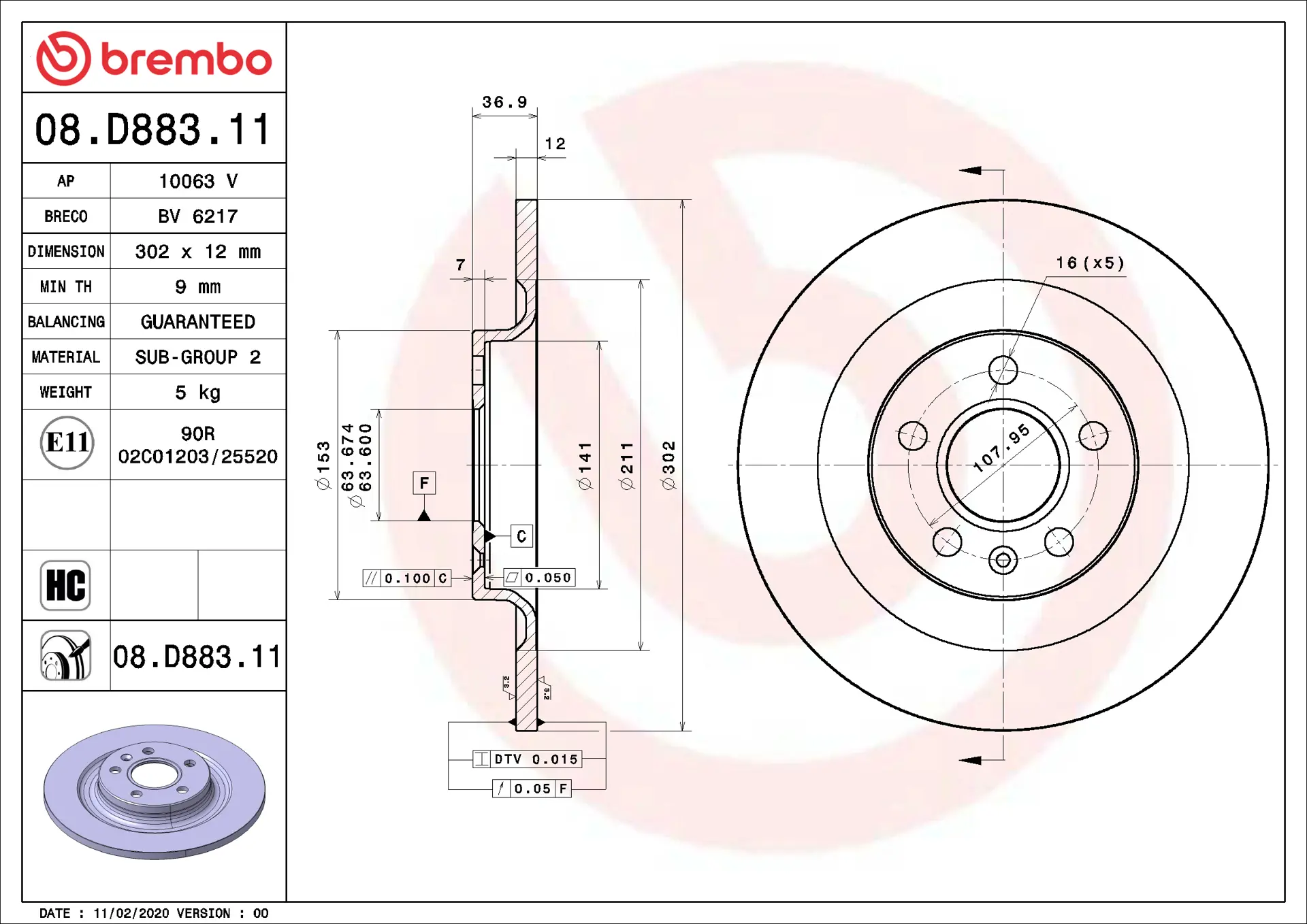 Brembo 08.D883.11 302 mm solid rear brake disc, dimension drawing