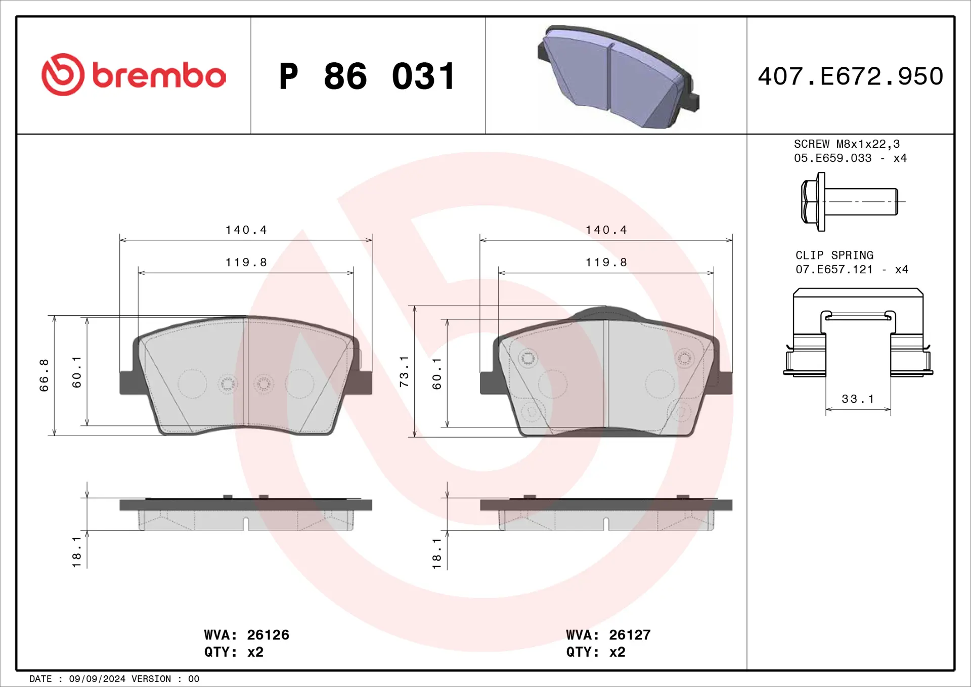 Brembo P 86 031 front brake pad set, dimension drawing