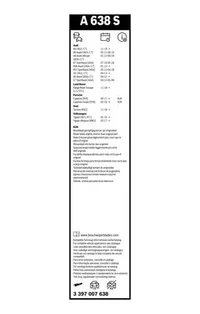 Bosch Aerotwin wiper blade set A 638 S pack label with vehicle list