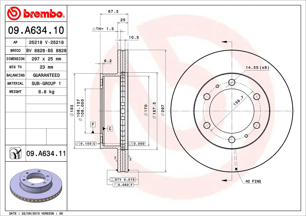 Brembo 09.A634.11 297 mm vented front brake disc, dimension drawing