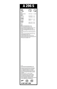 Bosch Aerotwin wiper blade set A 296 S pack label with vehicle list