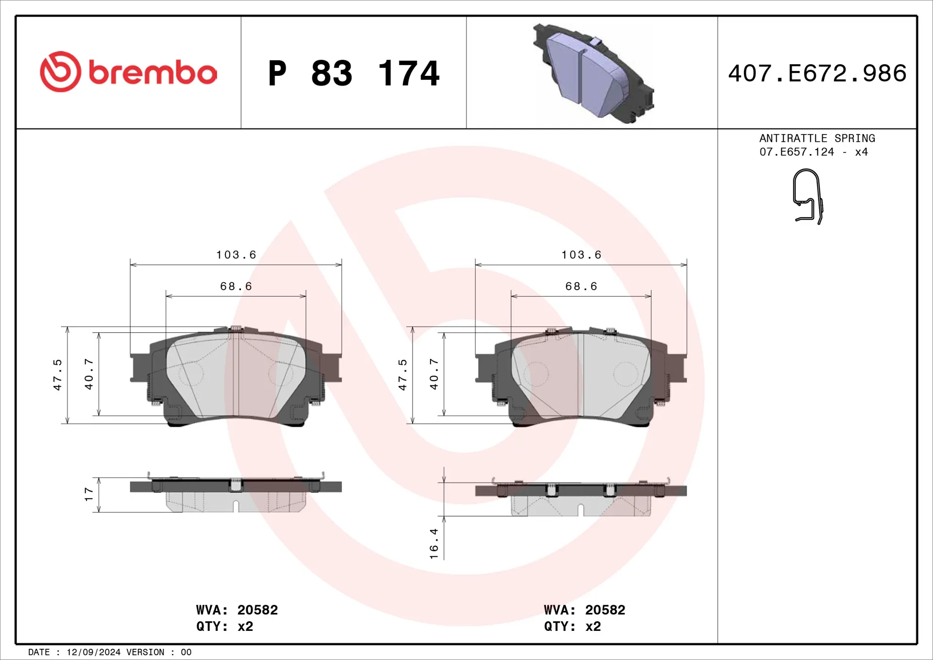 Brembo P 83 174 rear brake pad set, dimension drawing