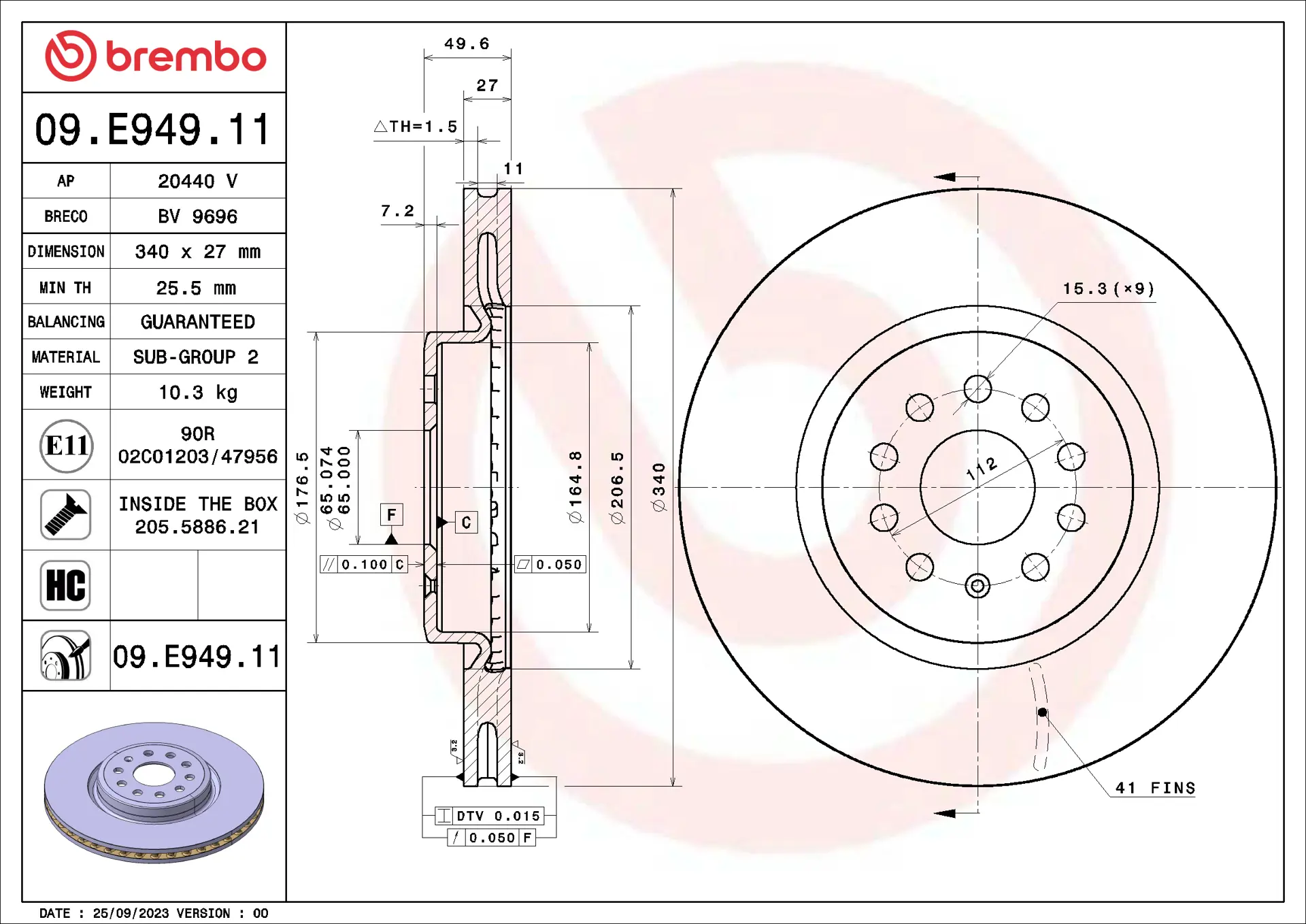 Brembo 09.E949.11 340 mm vented front brake disc, dimension drawing