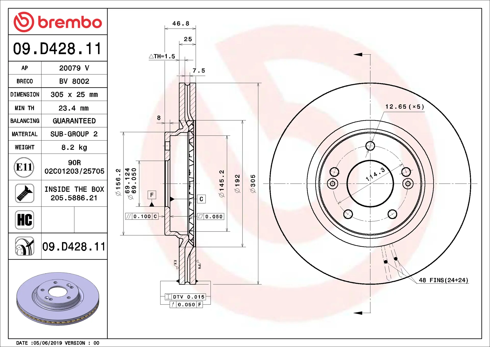 Brembo 09.D428.11 305 mm vented front brake disc, dimension drawing