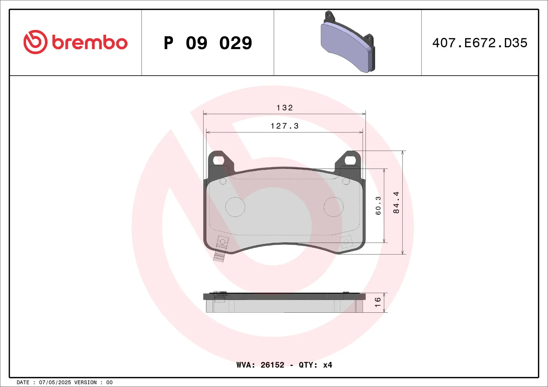 Brembo P 09 029 remblokkenset vooras, maattekening