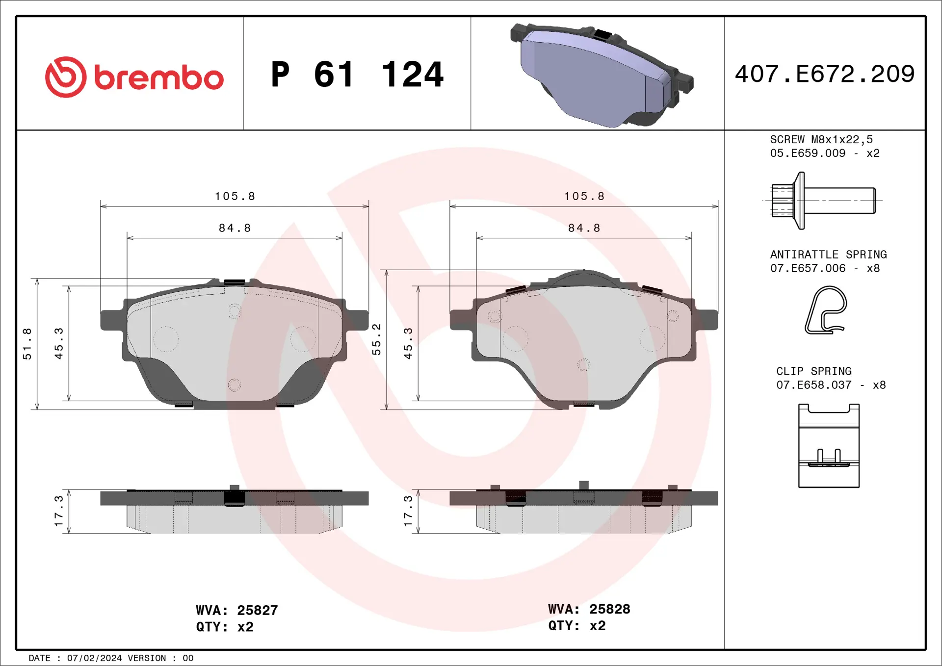 Brembo P 61 124 rear brake pad set, dimension drawing