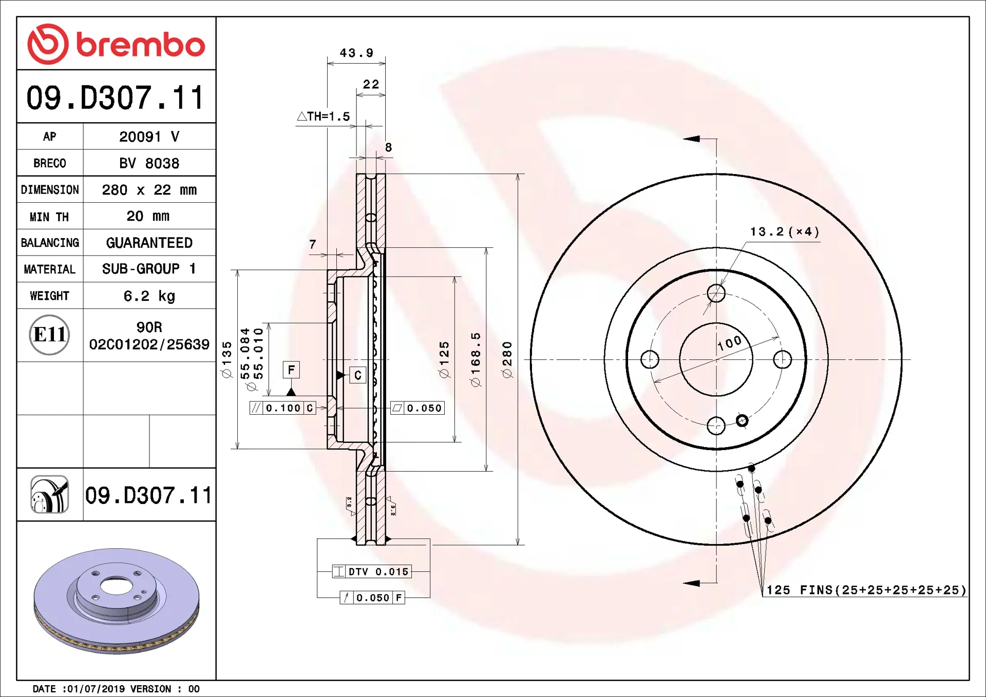Brembo 09.D307.11 280 mm vented front brake disc, dimension drawing