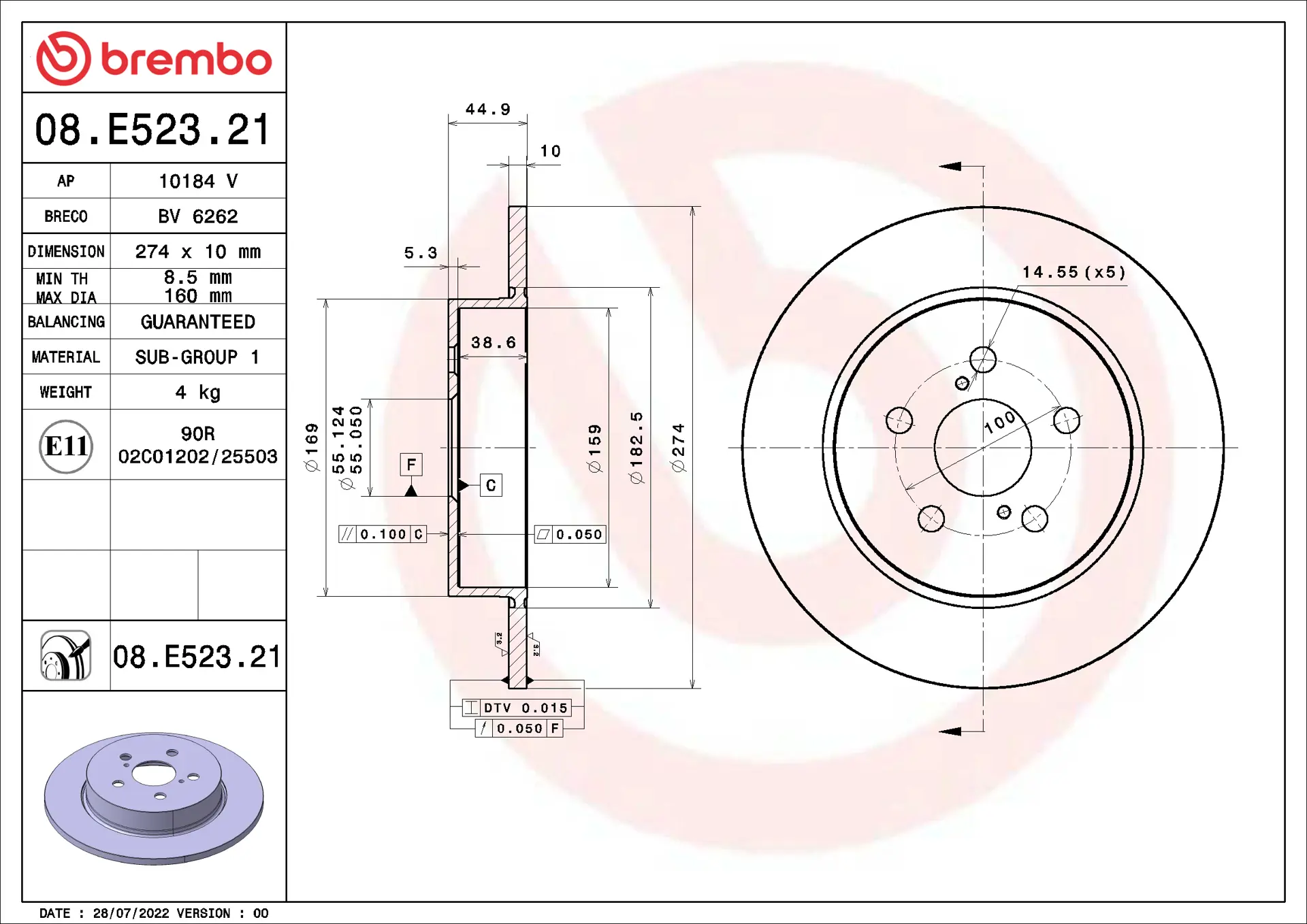 Brembo 08.E523.21 274 mm solid rear brake disc, dimension drawing