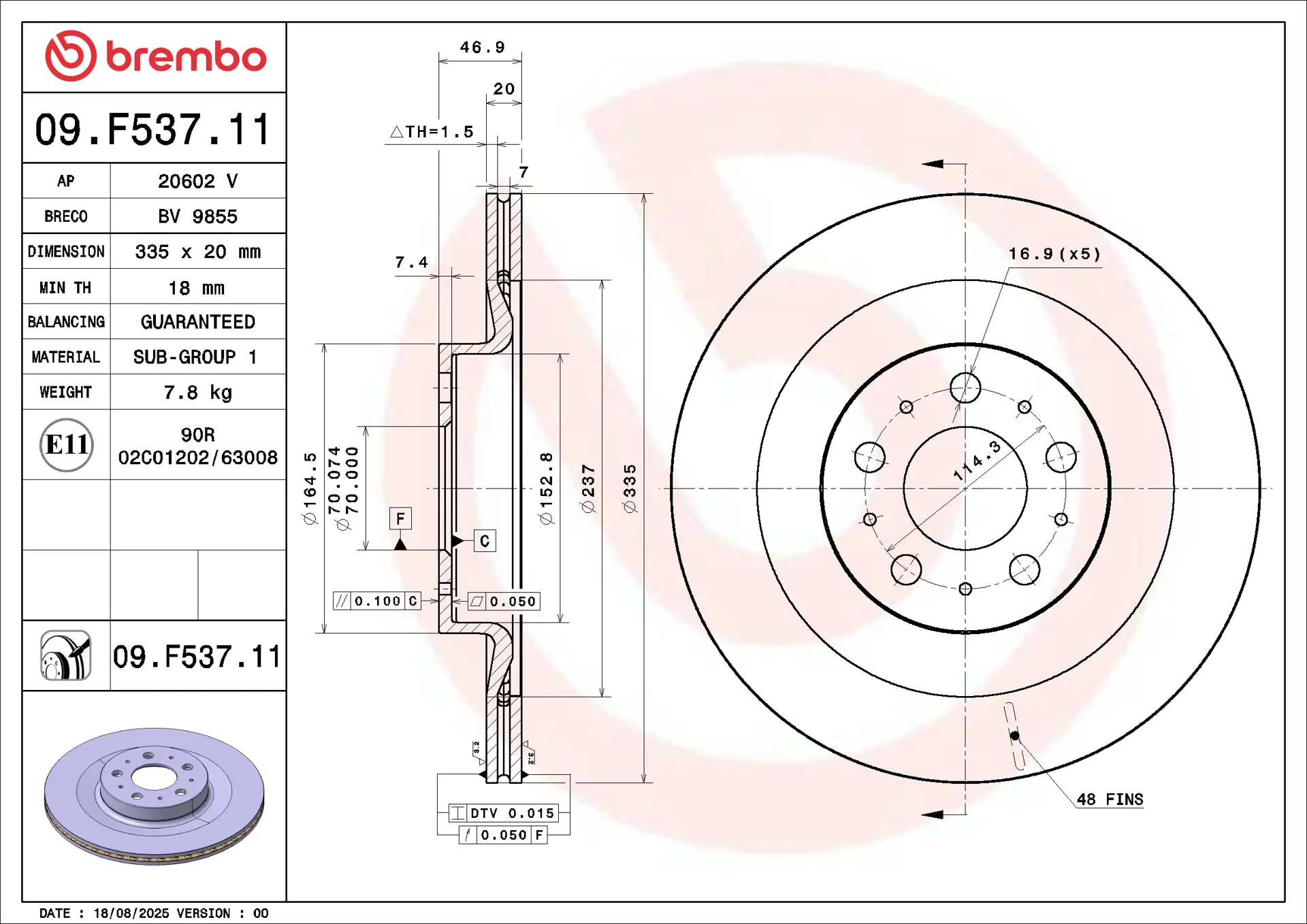 Brembo 09.F537.11 335 mm vented rear brake disc, dimension drawing