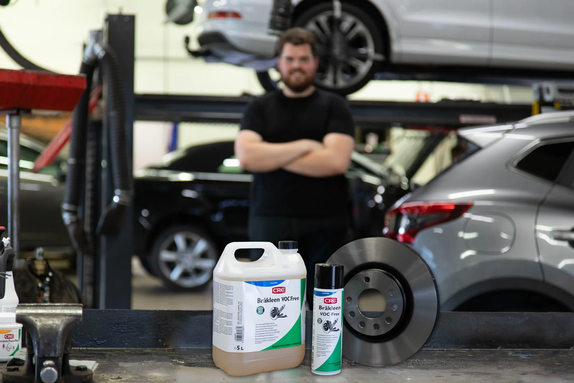 CRC Brakleen VOC Free being sprayed on a brake in a workshop