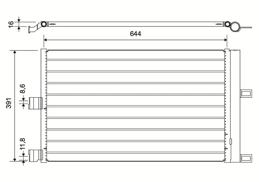 Valeo 822757 A/C condenser, dimension drawing