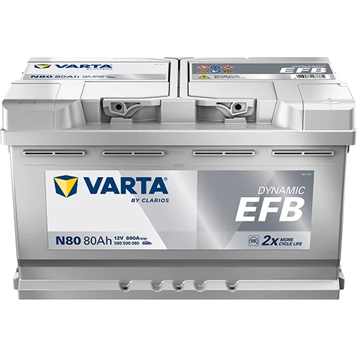 Varta Dynamic EFB 580500080 battery, three-quarter view