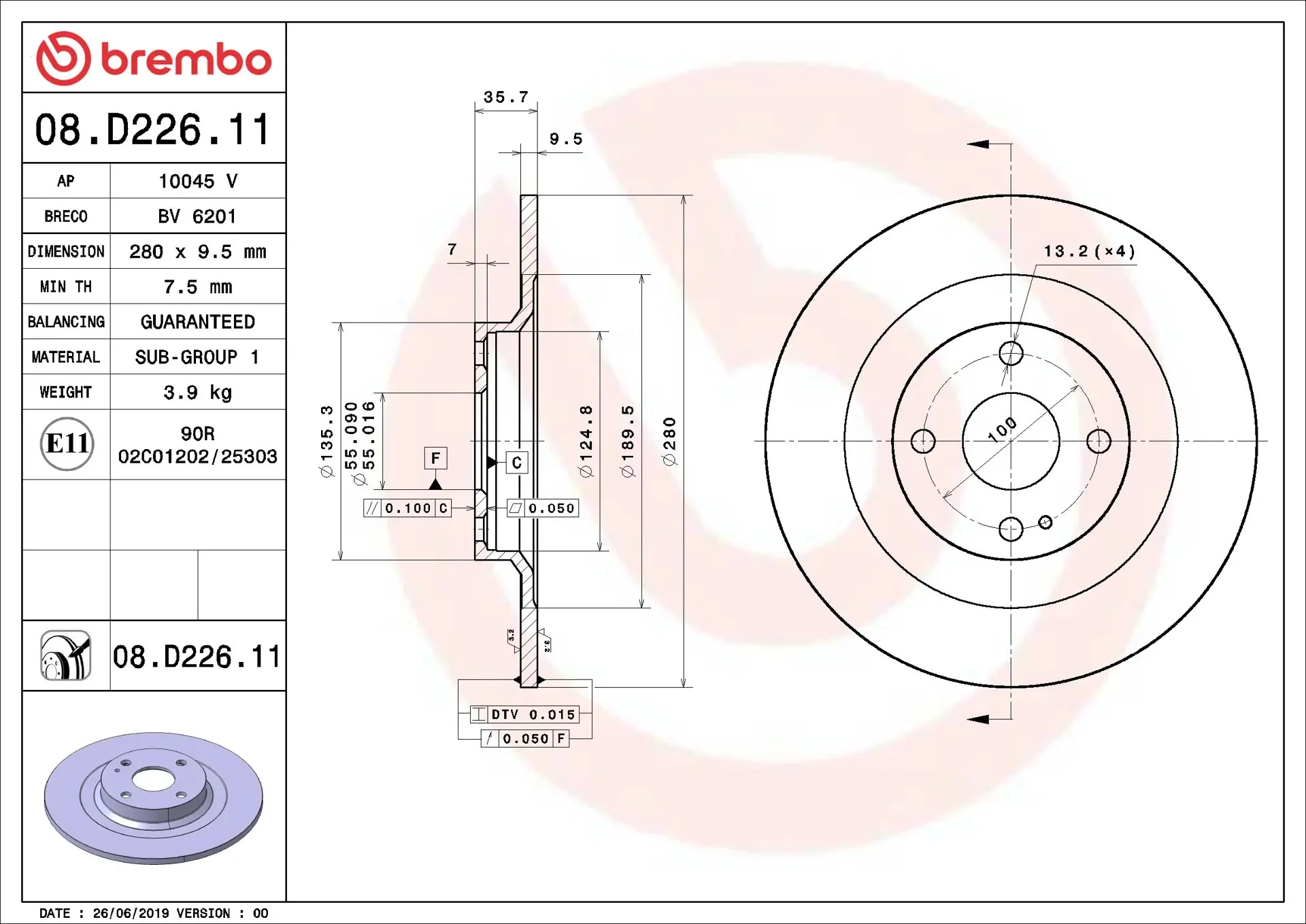 Brembo 08.D226.11 280 mm solid rear brake disc, dimension drawing