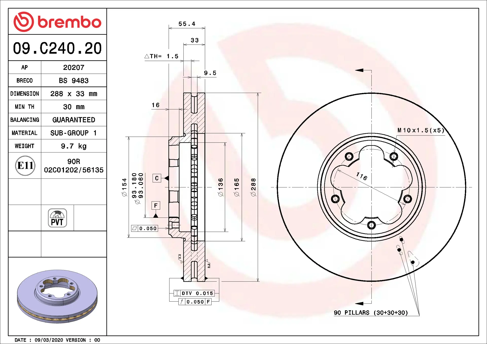 Brembo 09.C240.20 288 mm vented front brake disc, dimension drawing