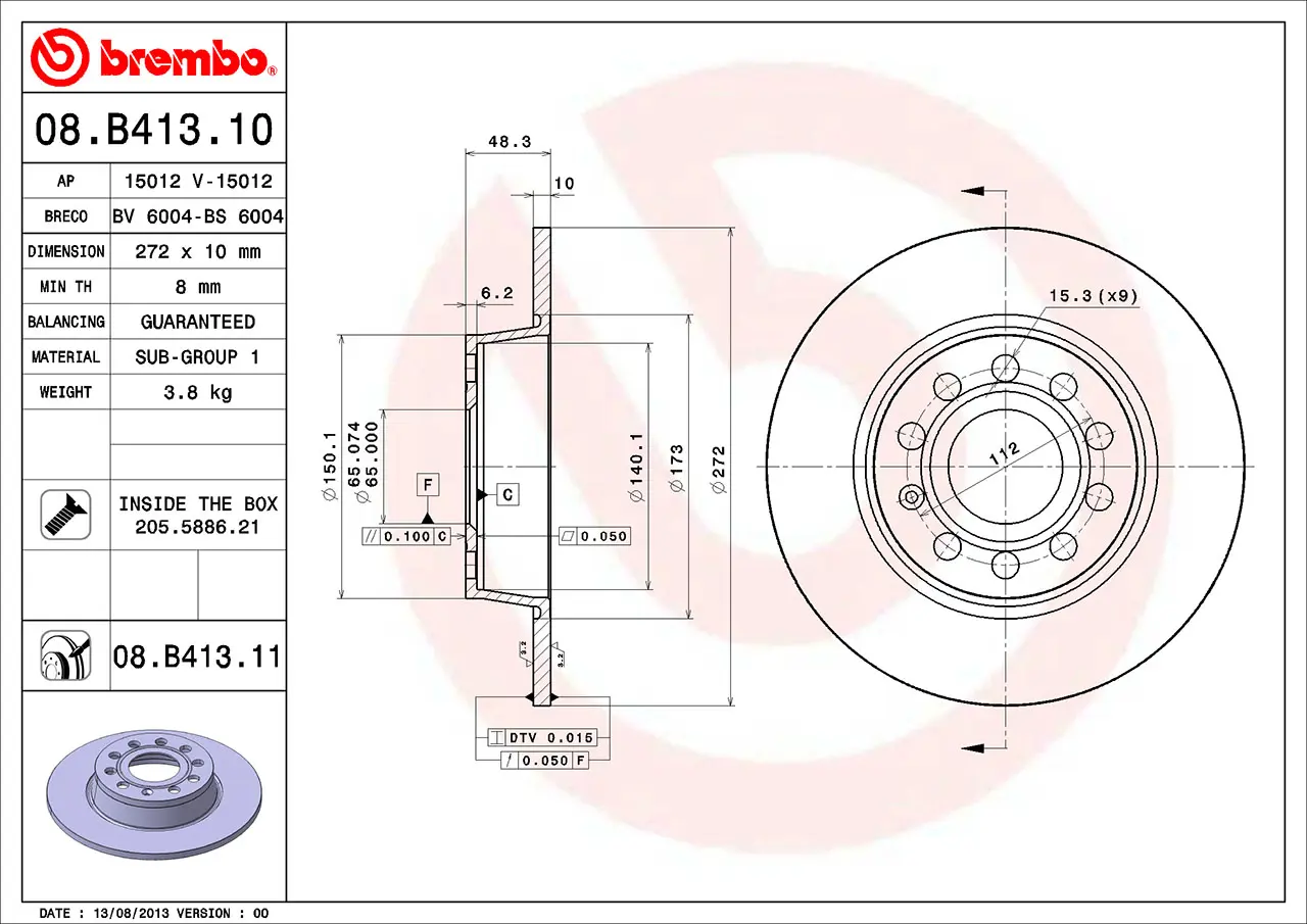 Brembo 08.B413.11 272 mm solid rear brake disc, dimension drawing