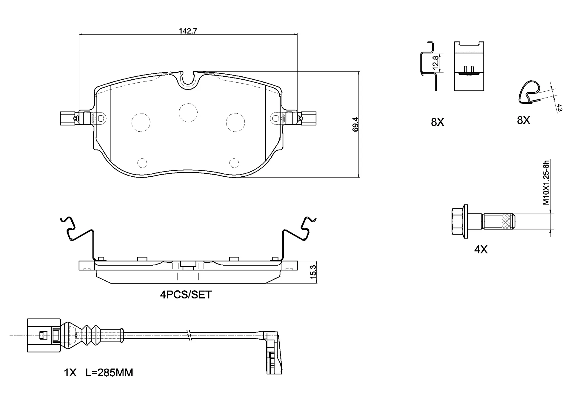 Brembo P 85 192 front brake pad set, dimension drawing