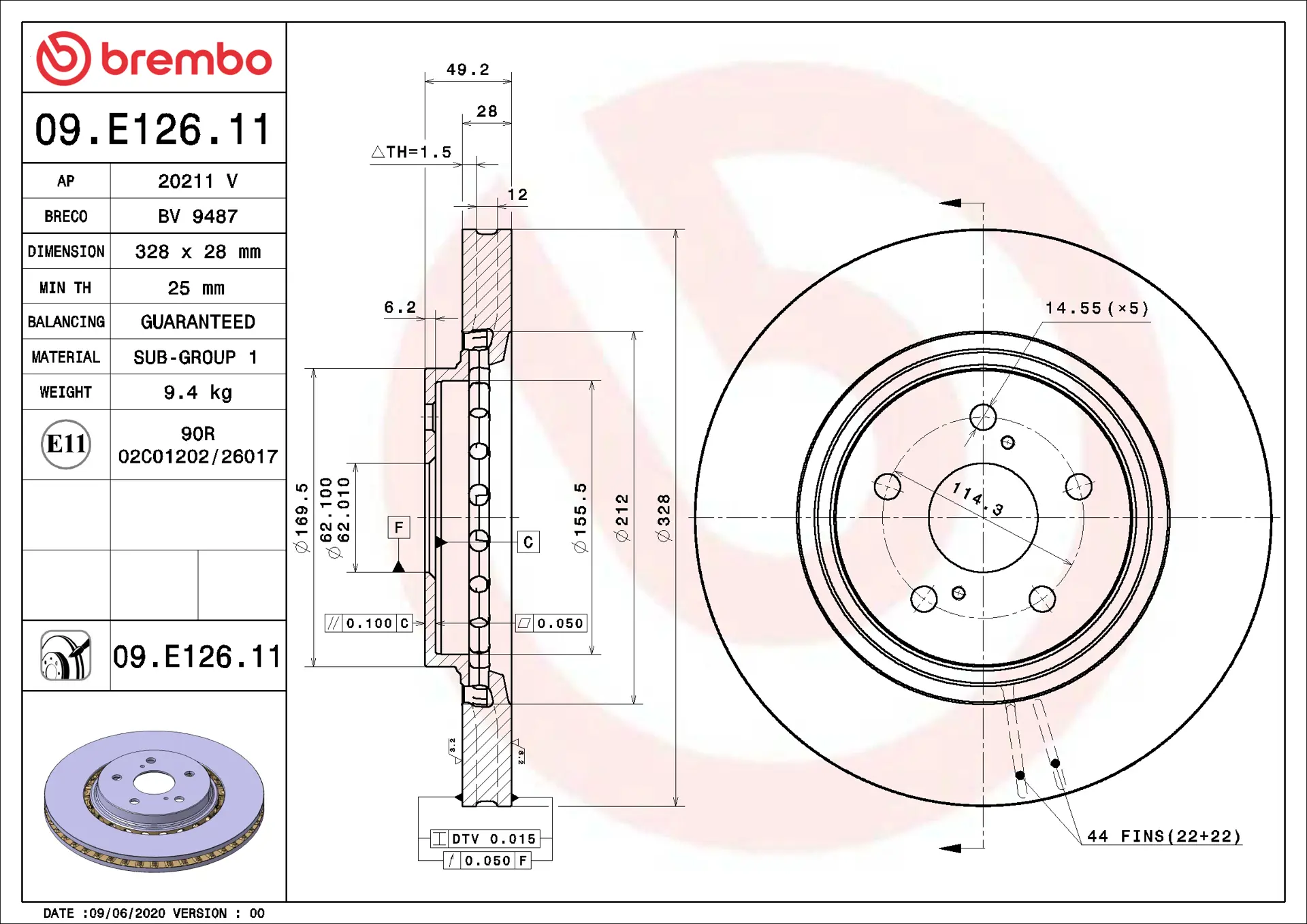 Brembo 09.E126.11 328 mm vented front brake disc, dimension drawing