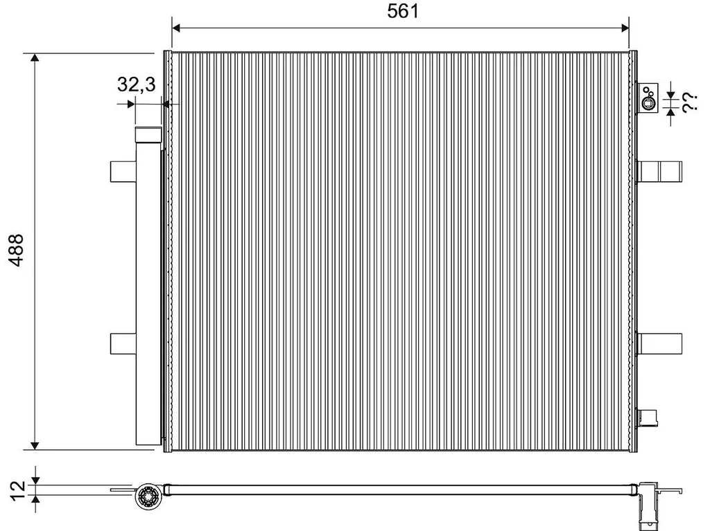 Valeo 822808 A/C condenser, dimension drawing