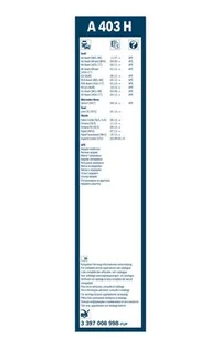 Bosch Aerotwin rear wiper blade A 403 H pack label with vehicle list