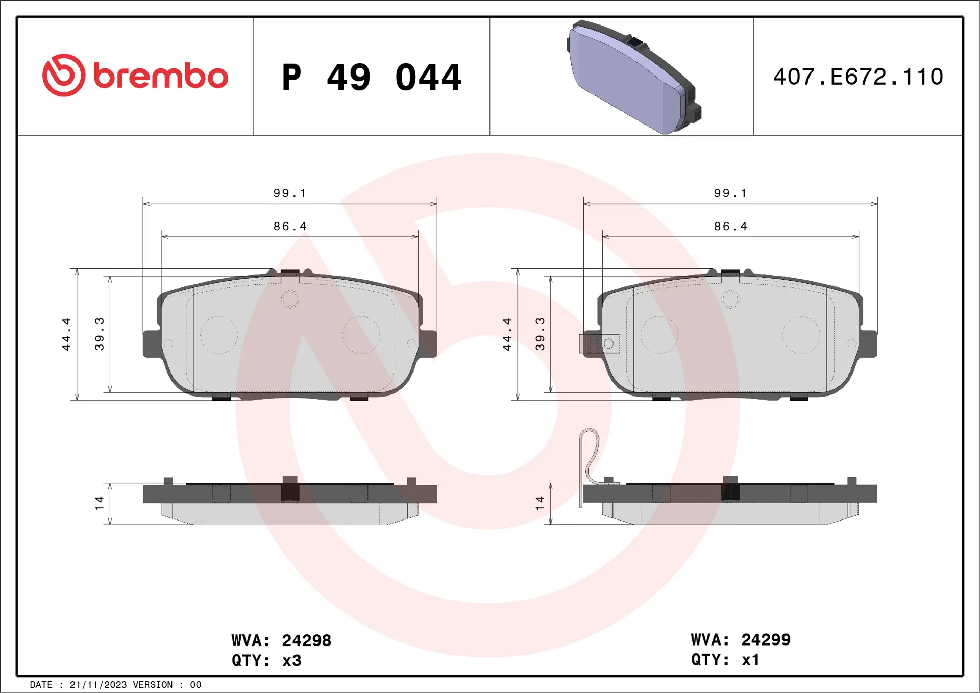 Brembo P 49 044 rear brake pad set, dimension drawing