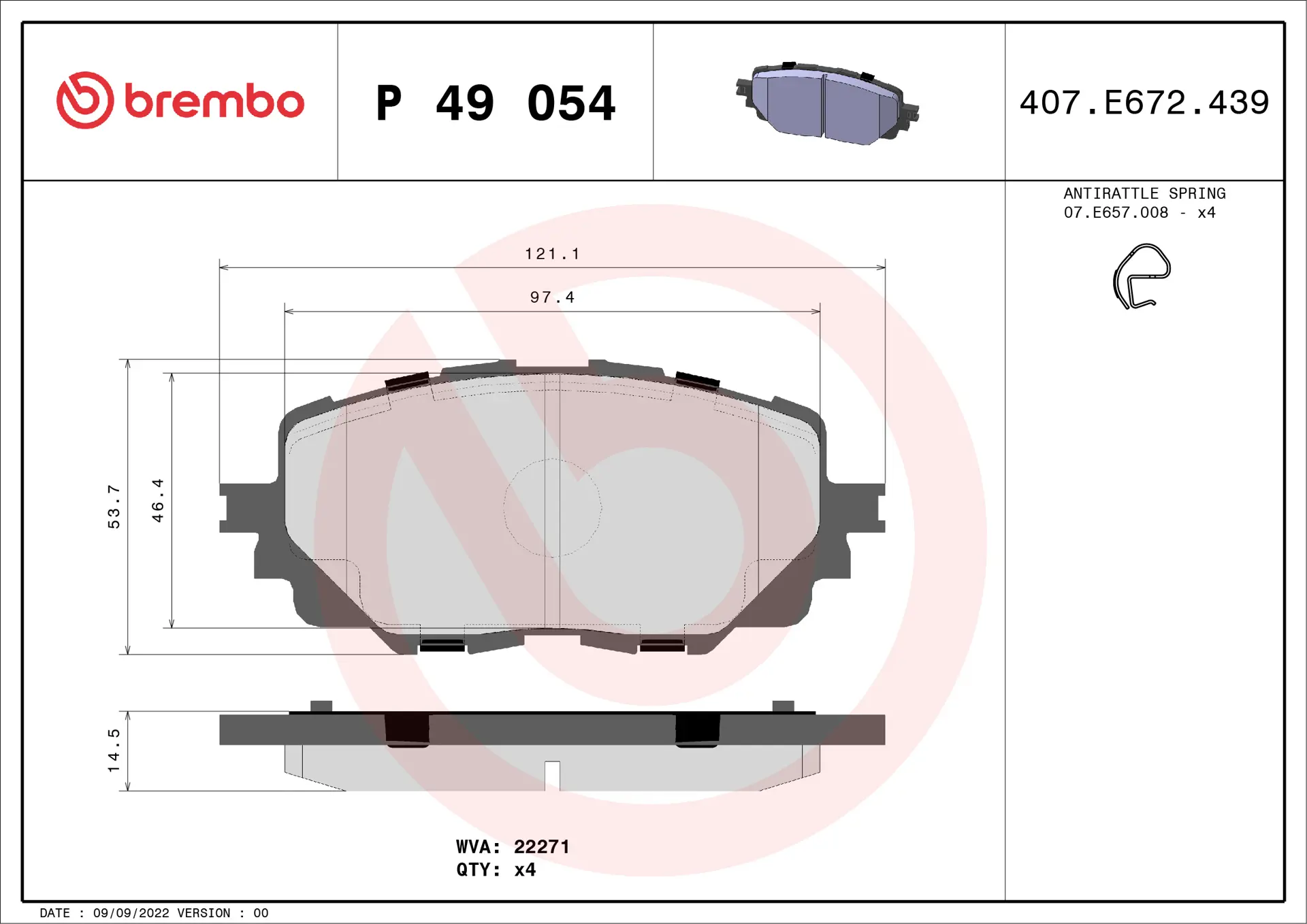 Brembo P 49 054 front brake pad set, dimension drawing