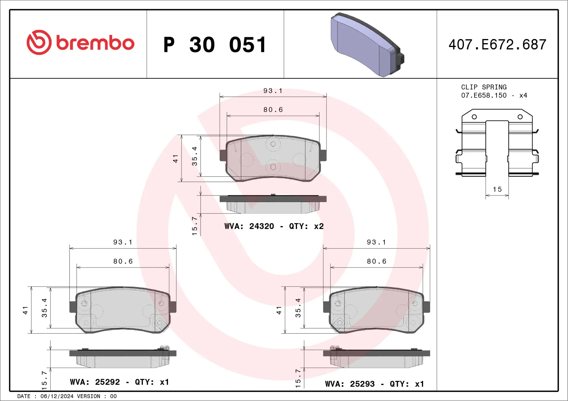 Brembo P 30 051 rear brake pad set, dimension drawing