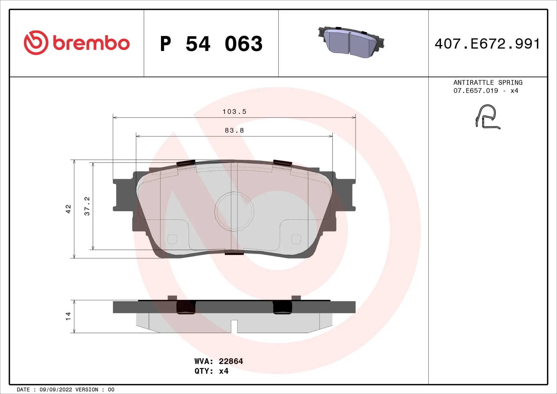 Brembo P 54 063 rear brake pad set, dimension drawing