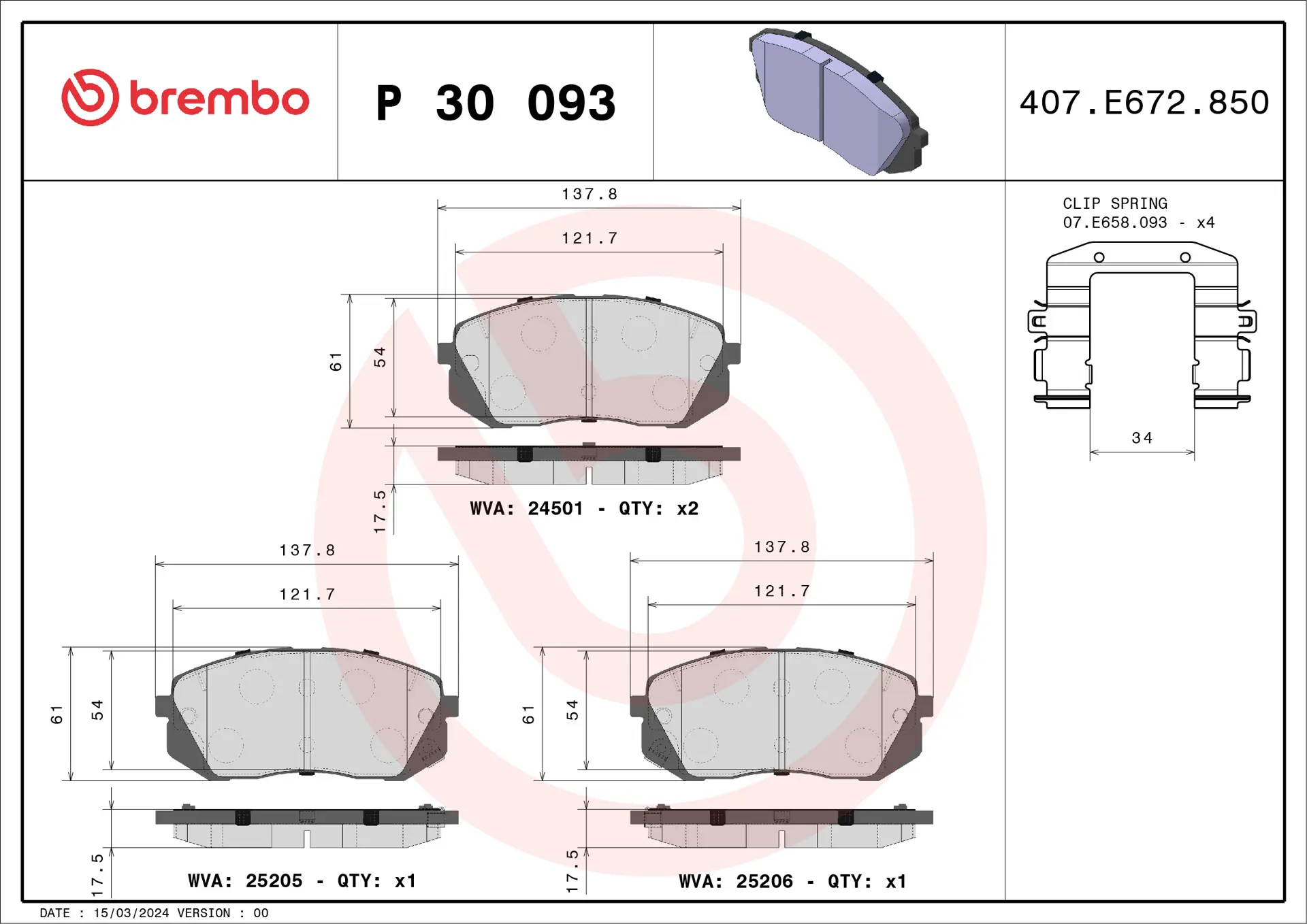 Brembo P 30 093 front brake pad set, dimension drawing