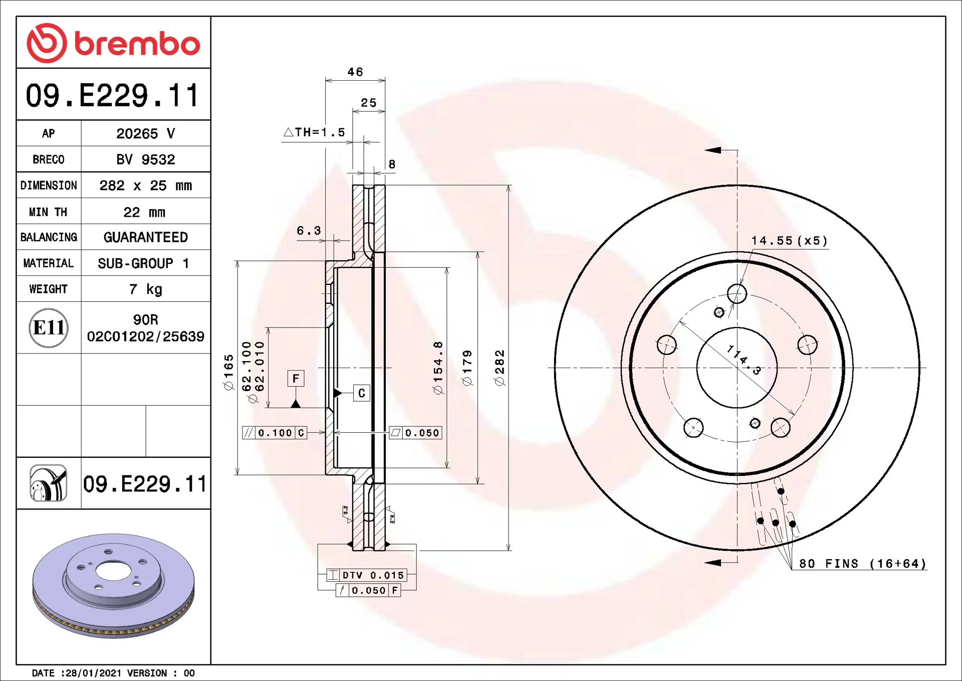 Brembo 09.E229.11 282 mm vented front brake disc, dimension drawing