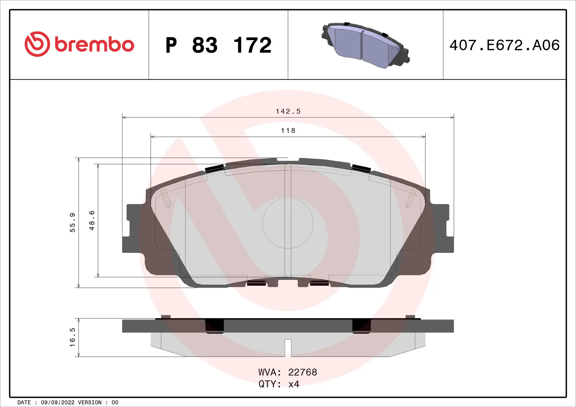 Brembo P 83 172 front brake pad set, dimension drawing