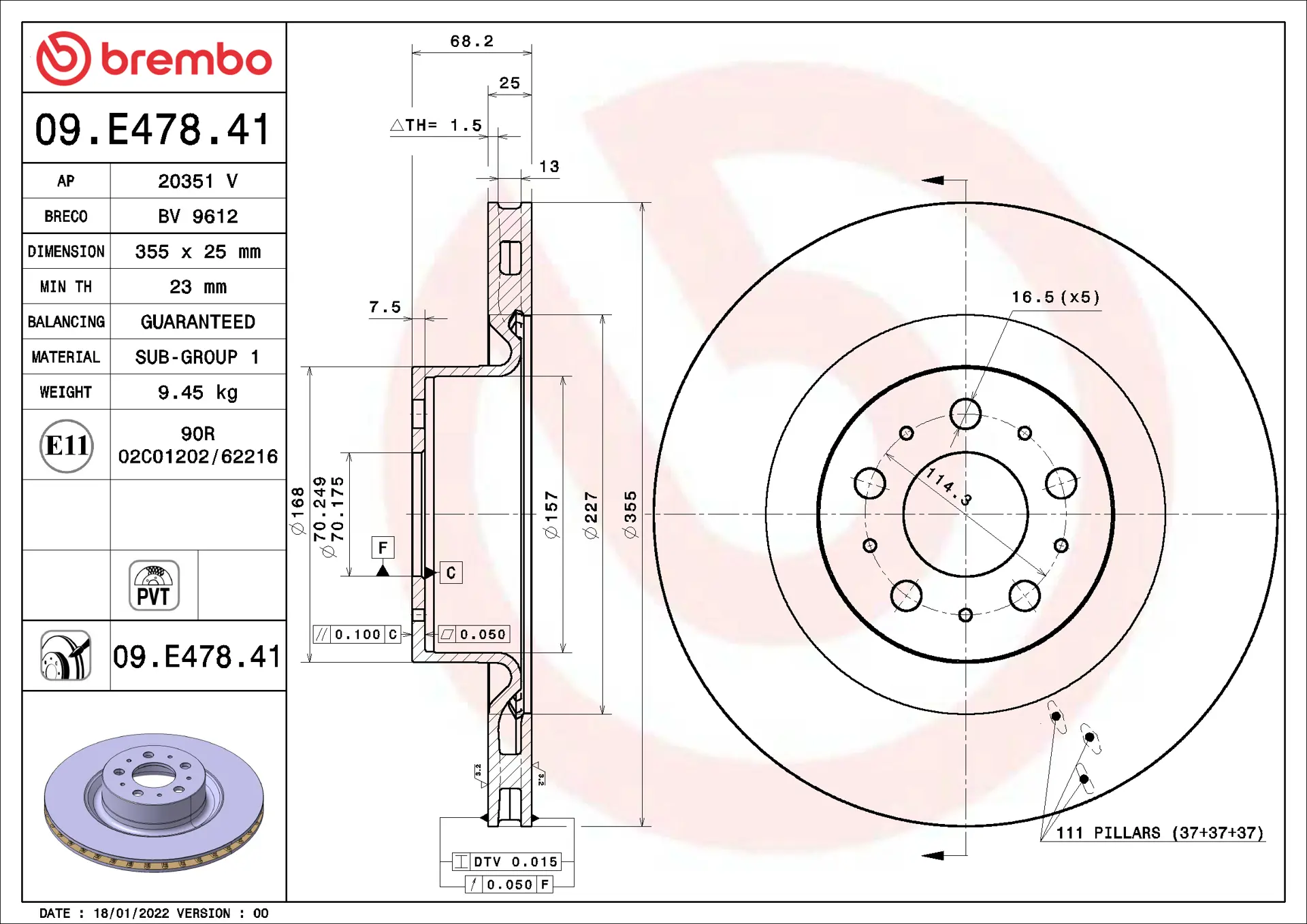 Brembo 09.E478.41 355 mm vented front brake disc, dimension drawing