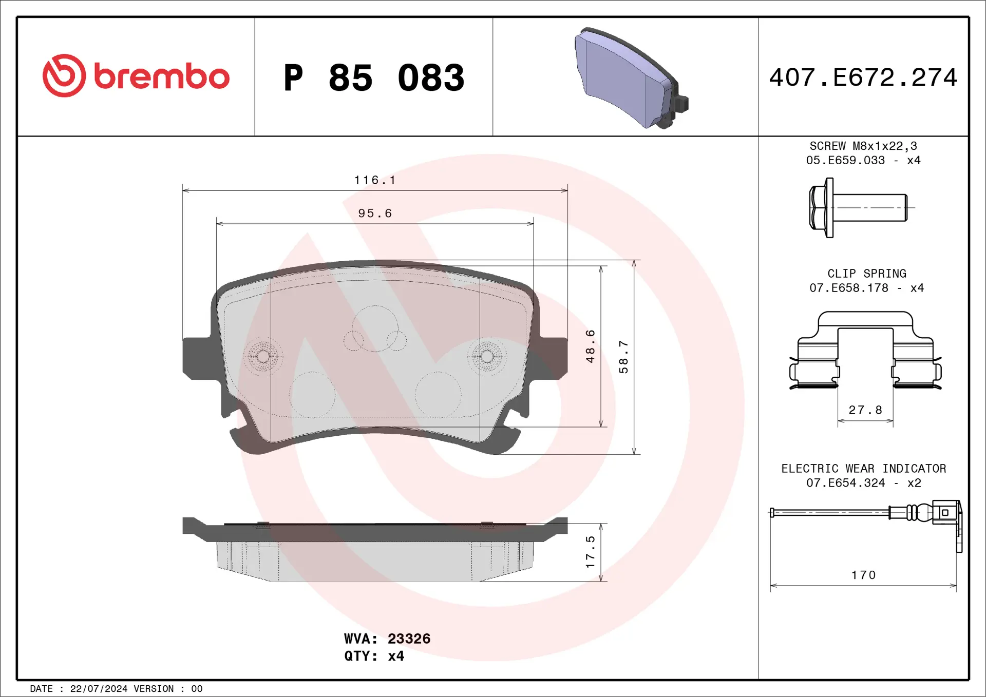 Brembo P 85 083 rear brake pad set, dimension drawing