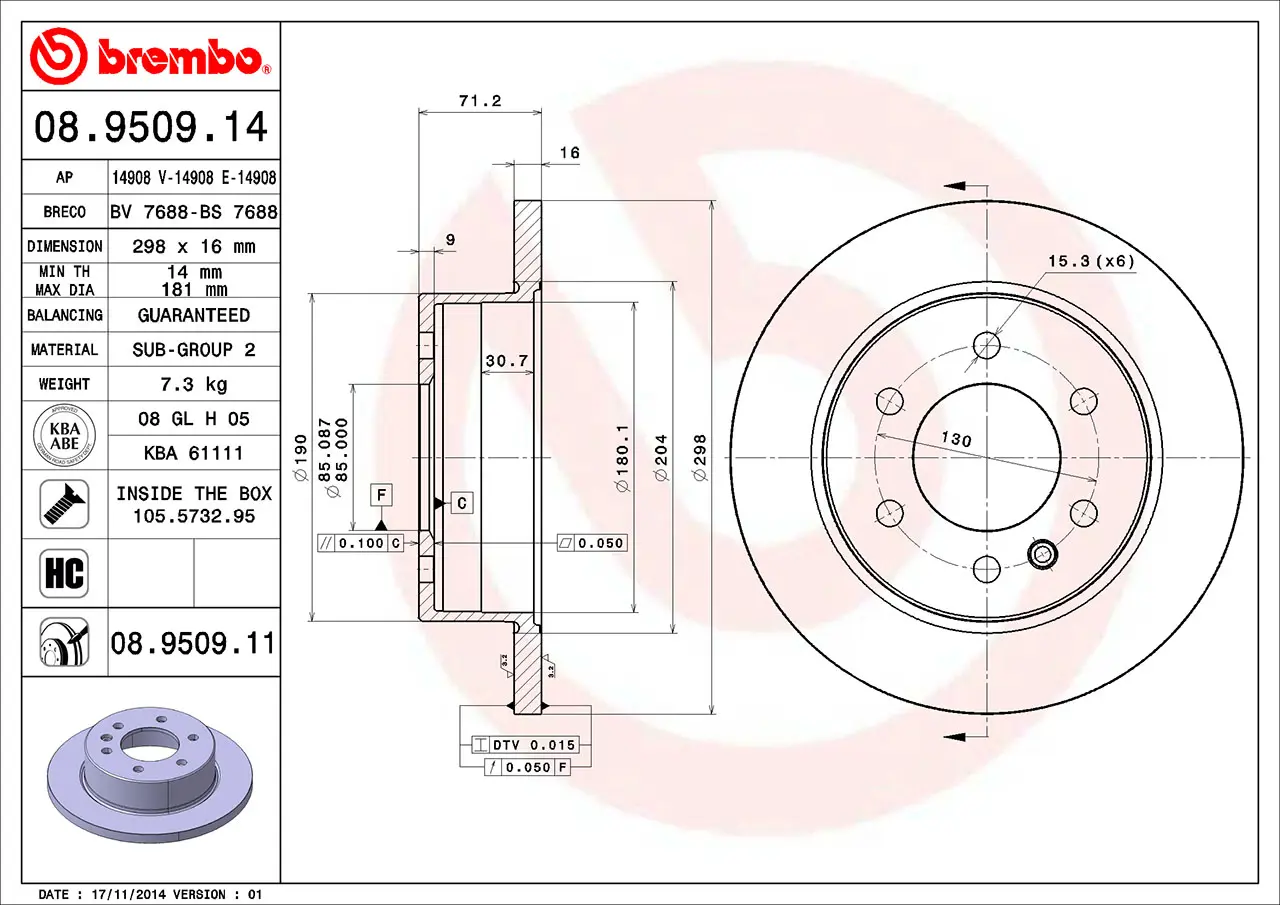 Brembo 08.9509.11 298 mm solid rear brake disc, dimension drawing