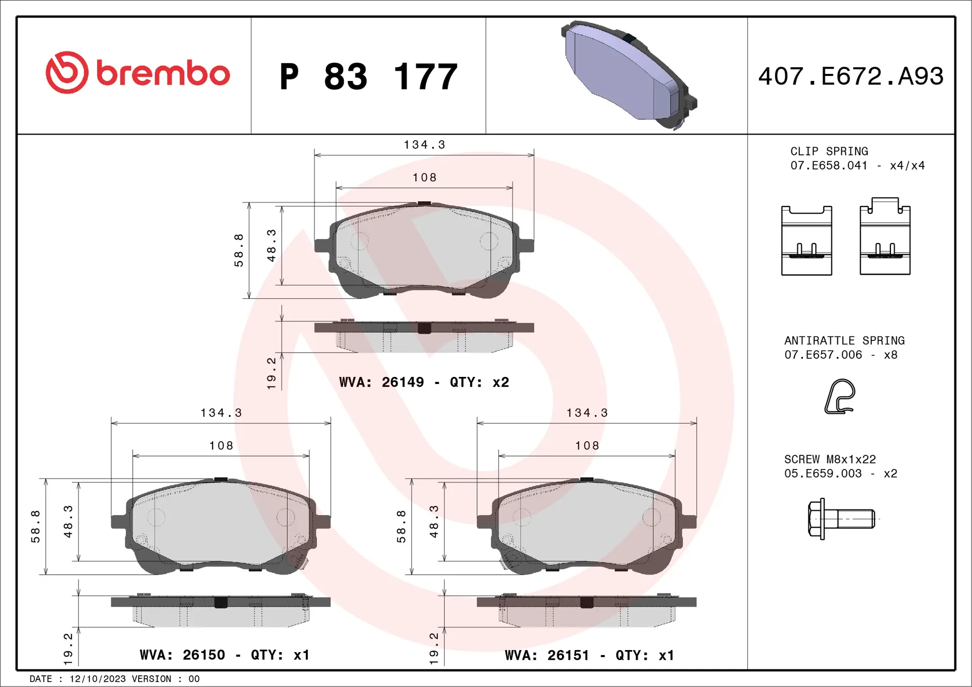 Brembo P 83 177 front brake pad set, dimension drawing