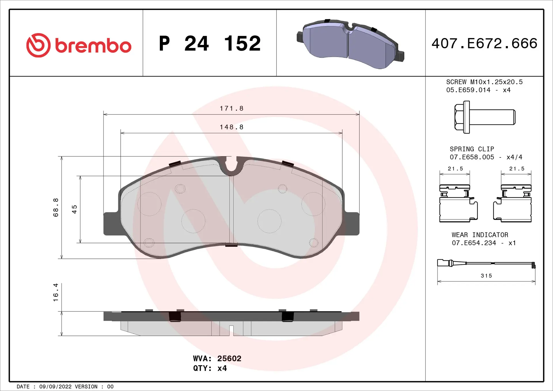 Brembo P 24 152 front brake pad set, dimension drawing