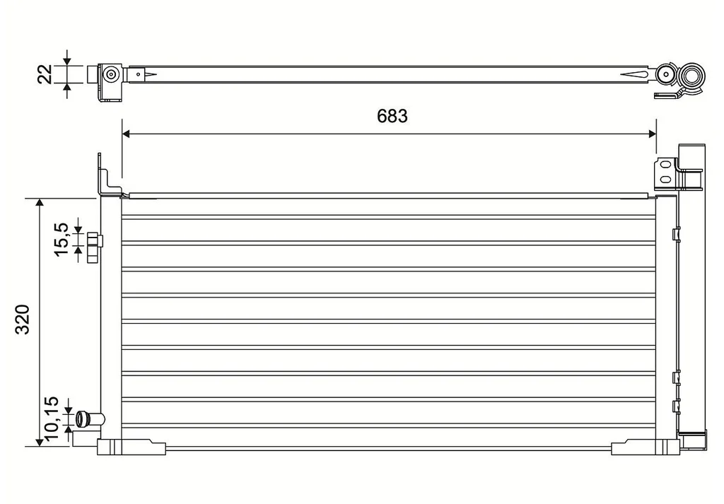 Valeo 822558 A/C condenser, dimension drawing