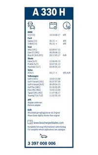 Bosch Aerotwin rear wiper blade A 330 H pack label with vehicle list