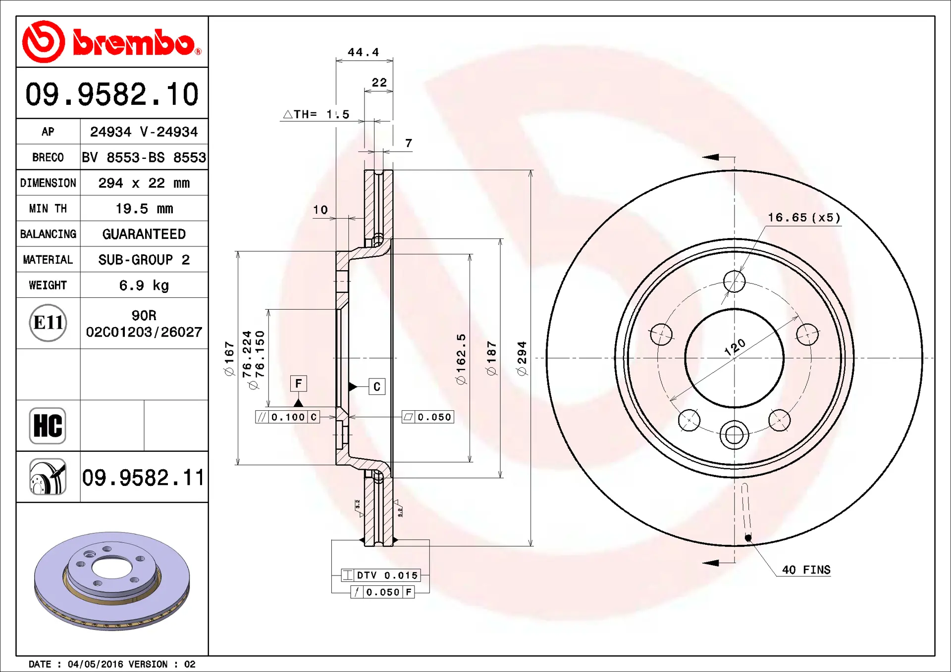 Brembo 09.9582.11 294 mm vented rear brake disc, dimension drawing