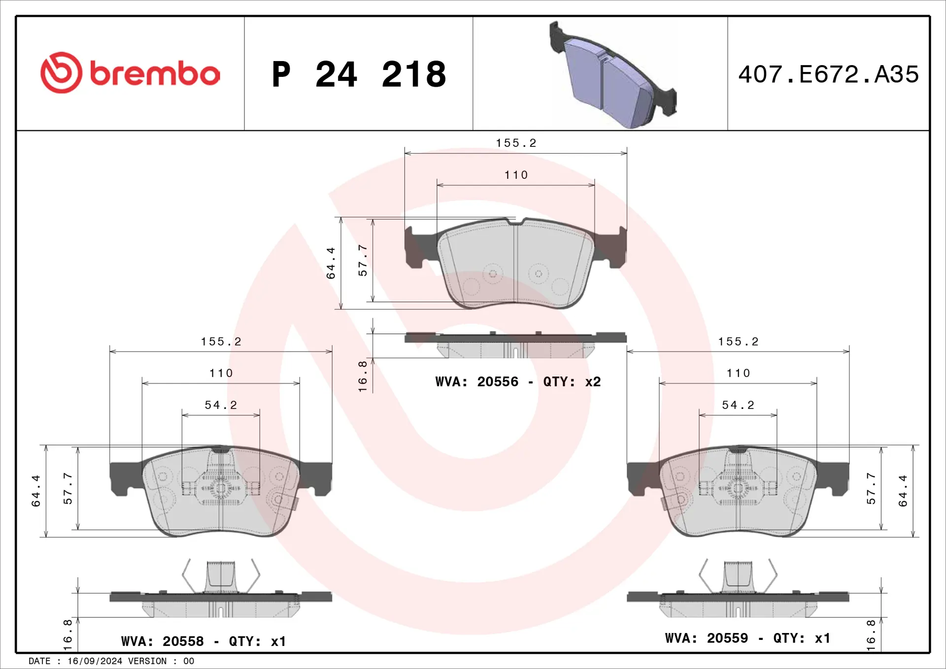 Brembo P 24 218 front brake pad set, dimension drawing