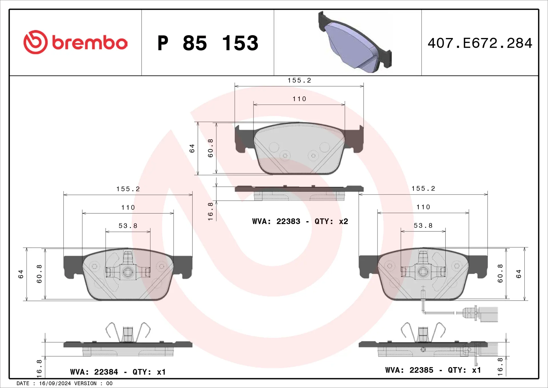 Brembo P 85 153 front brake pad set, dimension drawing