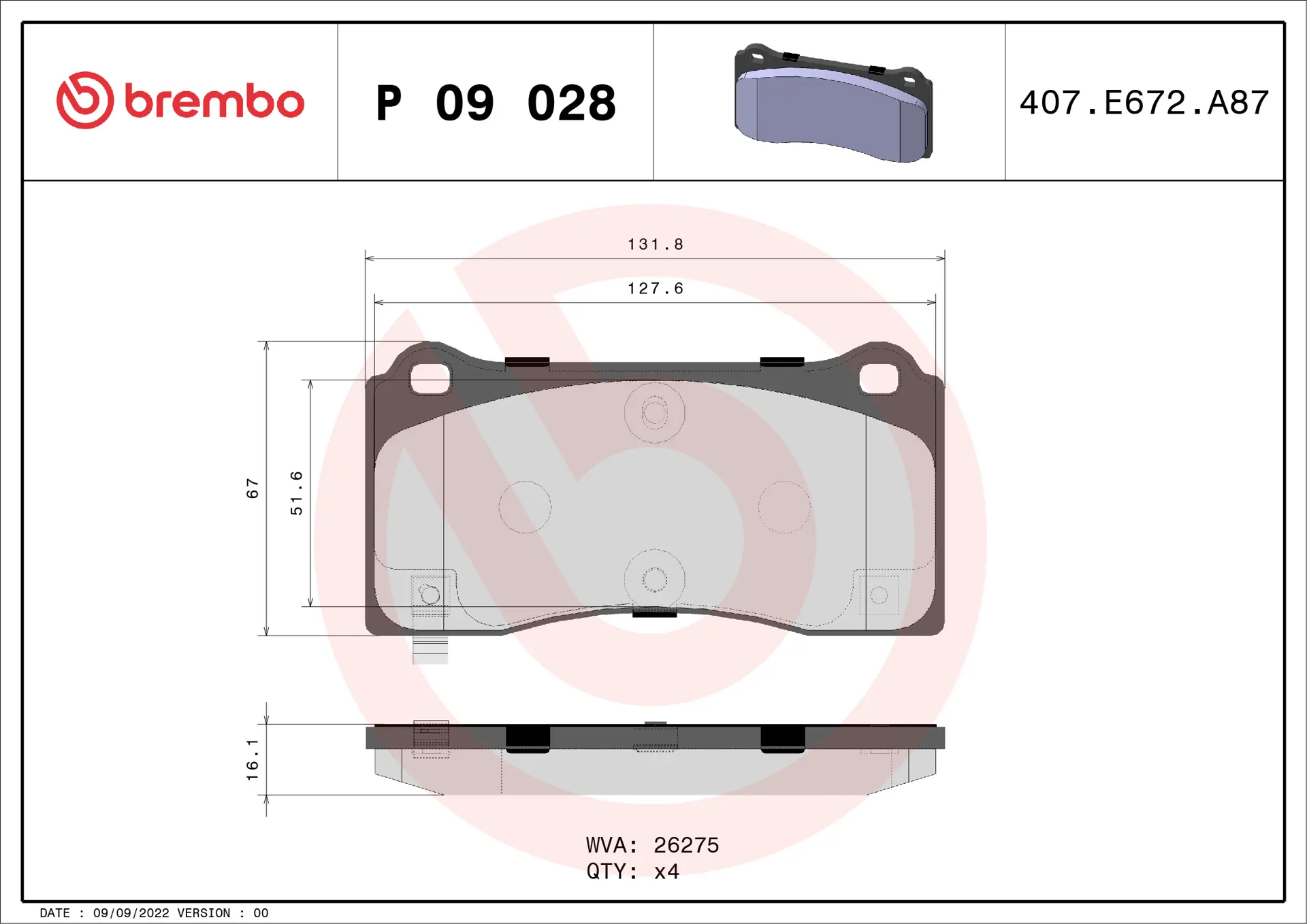 Brembo P 09 028 front brake pad set, dimension drawing
