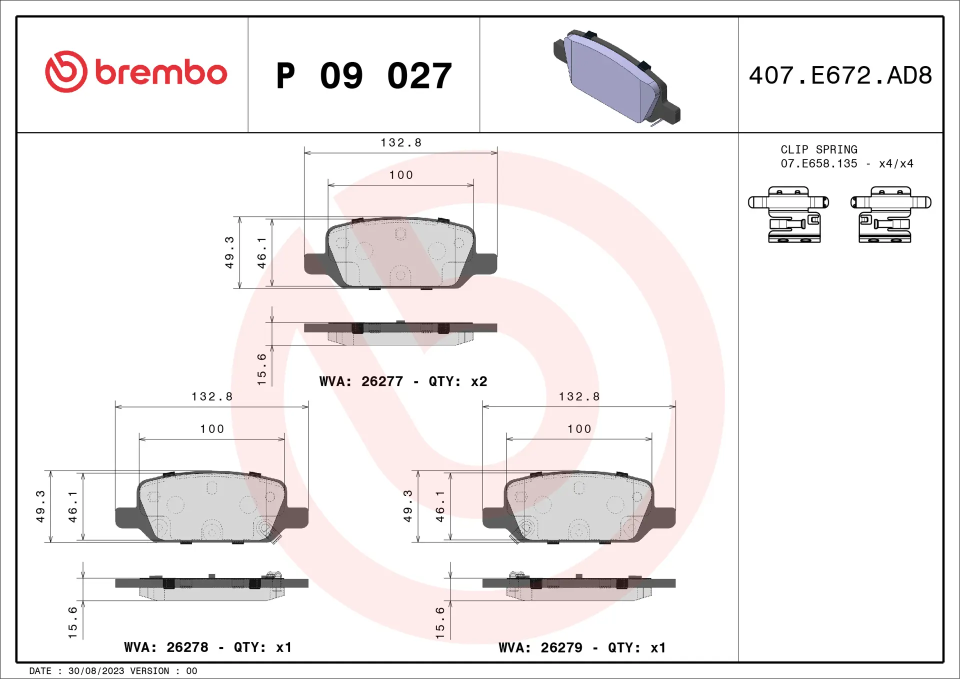 Brembo P 09 027 rear brake pad set, dimension drawing