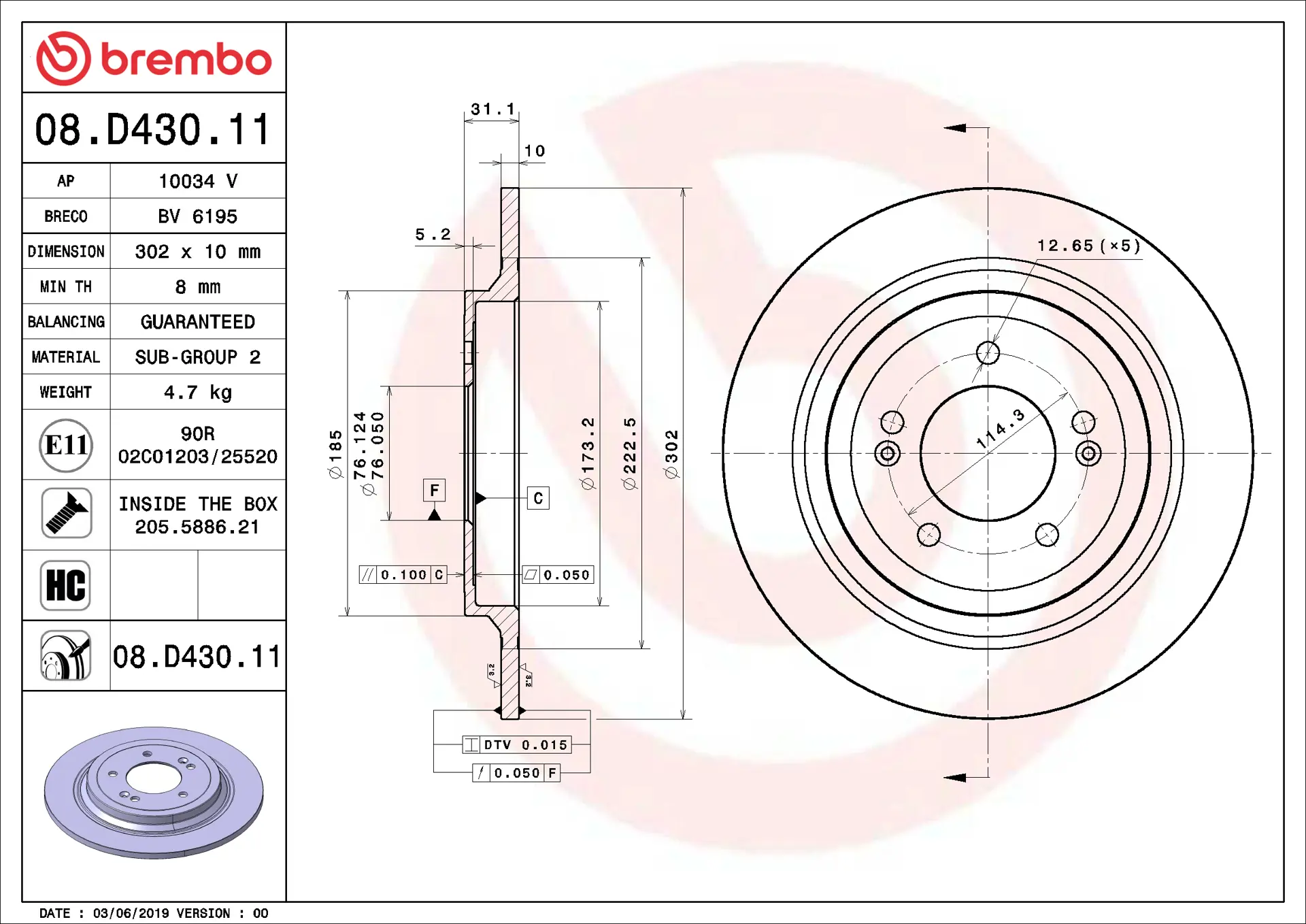 Brembo 08.D430.11 302 mm solid rear brake disc, dimension drawing