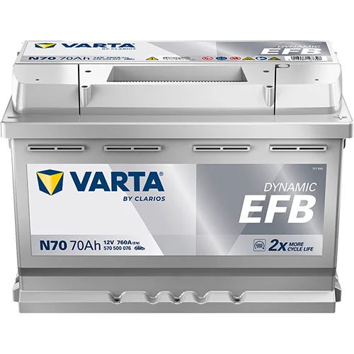 Varta Dynamic EFB 570500076 battery, three-quarter view