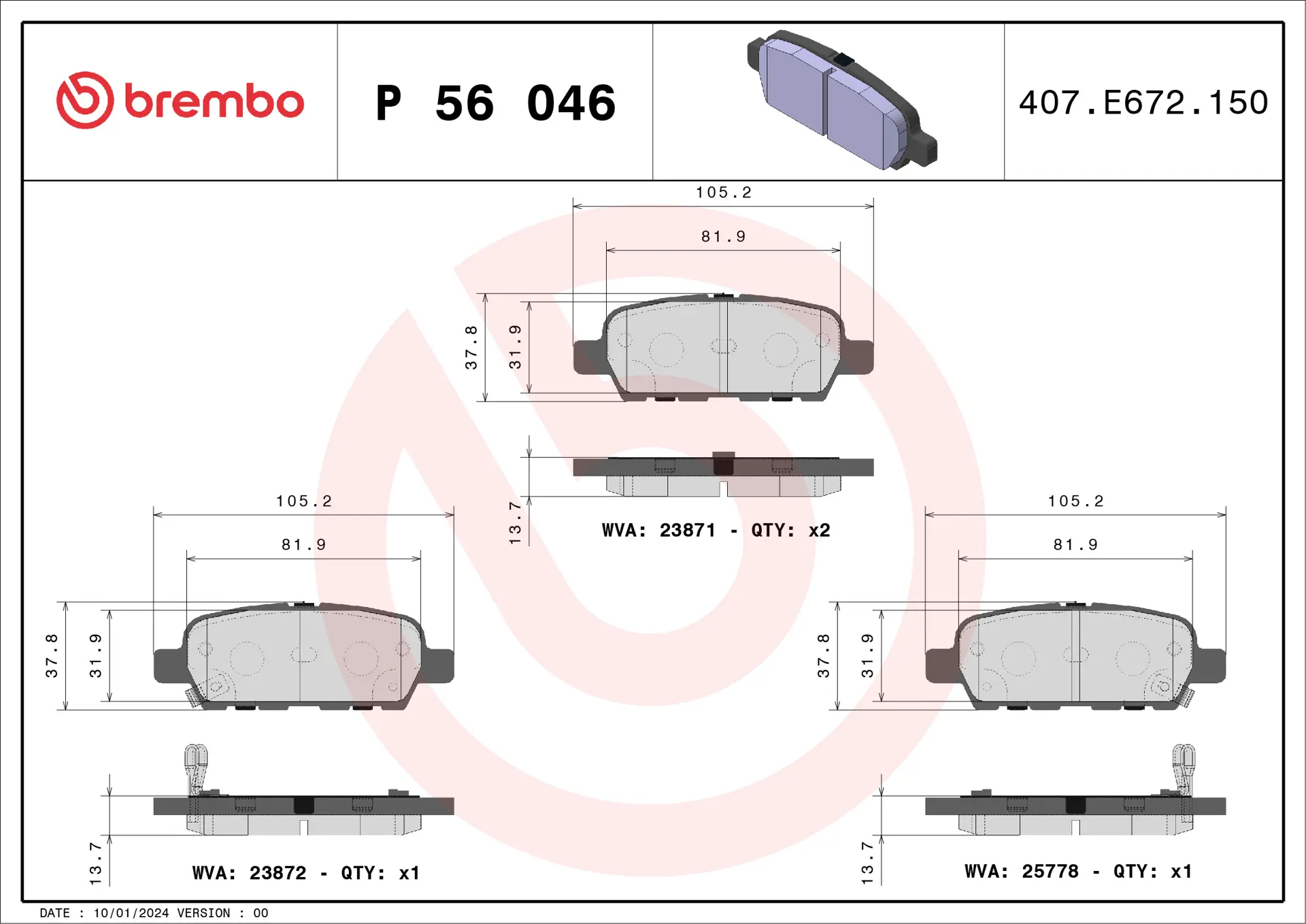 Brembo P 56 046 rear brake pad set, dimension drawing